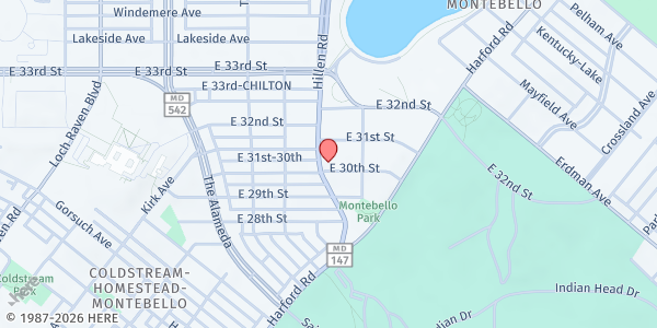 Map showing Greater Faith Hope Tabernacle at 1900 East 30th Street, Coldstream Homestead Montebello, MD