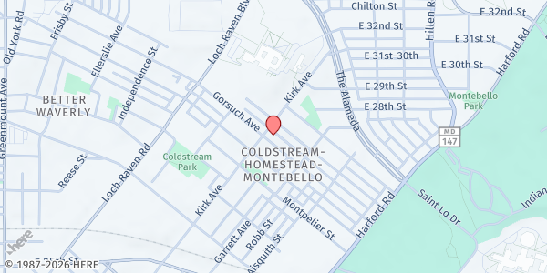 Map showing Homestead UMC at 1500 Gorsuch Avenue, Coldstream - Homestead - Montebello, MD