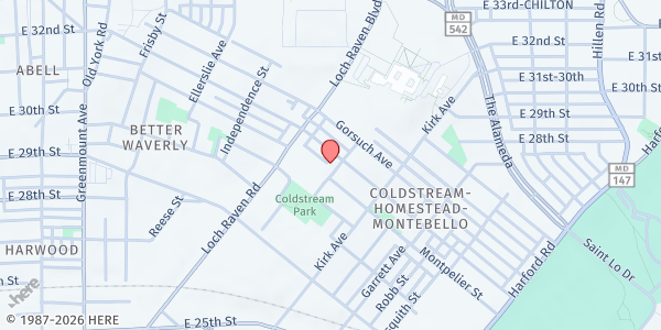 Map showing Second Shiloh Emergency Food Pantry at 1355 Homestead Street, Coldstream - Homestead - Montebello, MD