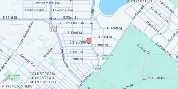 Map showing The Barnes Memorial Church at 3000 Hillen Road, Coldstream Homestead Montebello, MD