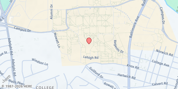 Map showing University of Maryland College Park Food Pantry - South Campus Dining at 7093 Preinkert Drive, College Park, MD