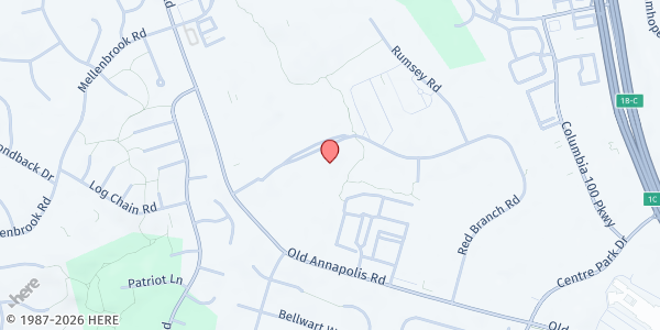 Map showing Bridgeway Community Cupboard at 9189 Red Branch Road, Columbia, MD