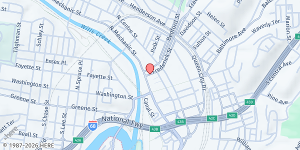 Map showing Allegany County Human Resource - Cumberland at 19 Frederick St, Cumberland, MD