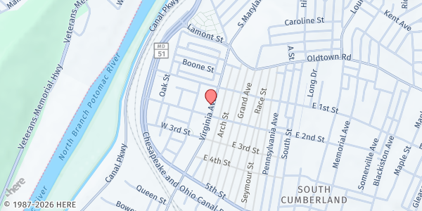 Map showing Allegany County Human Resources Development Commission at 125 Virginia Ave, Cumberland, MD