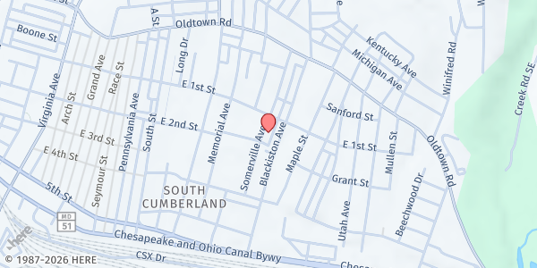 Map showing Salvation Army - Cumberland at 701 East 1st Street, Cumberland, MD