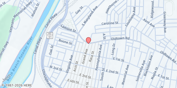 Map showing Second Baptist Church at 1 Grand Ave, Cumberland, MD