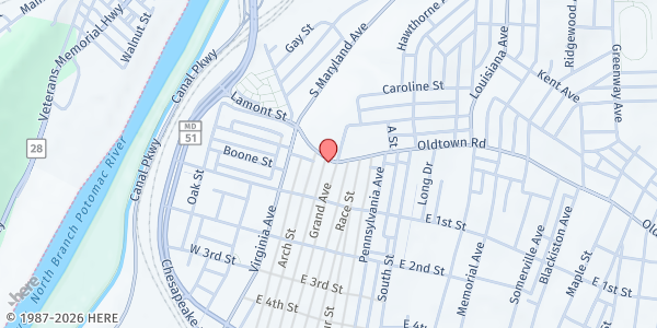 Map showing Second Baptist Church at 1 Grand Ave, Cumberland, MD