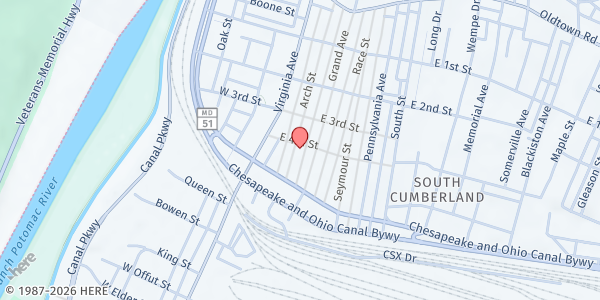 Map showing St Johns Lutheran Church at 400 Arch St, Cumberland, MD