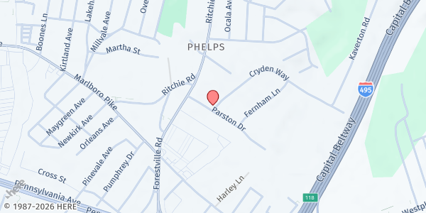 Map showing City of David Ministries at 7821 Parston Drive, District Heights, MD