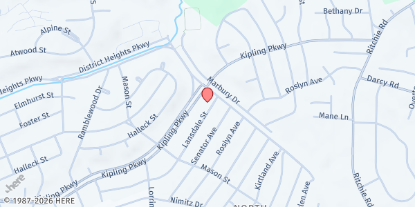 Map showing First Baptist Church of District Heights at 7234 Lansdale Street, District Heights, MD