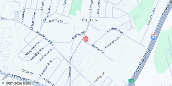 Map showing New Revival Kingdom Church at 7821 Parston Drive, District Heights, MD