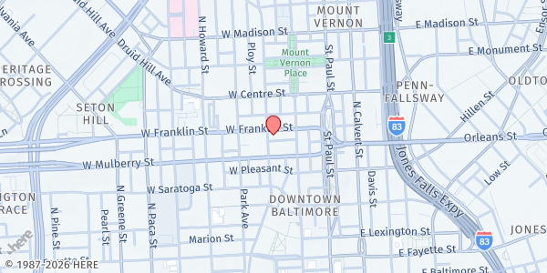 Map showing Associated Catholic Charities/My Sister's Place at 411 Cathedral Street, Downtown, MD