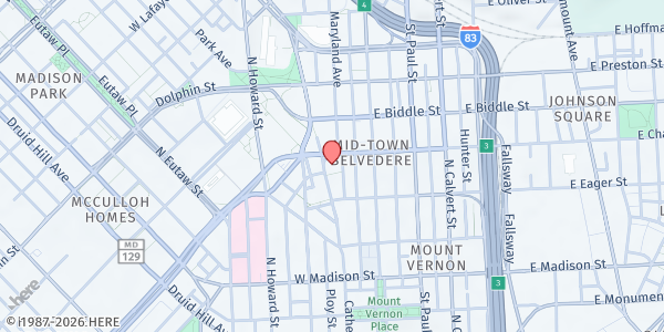 Map showing Chase House Apartments at 1027 Cathedral Street, Downtown, MD