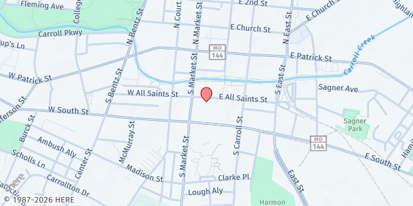 Map showing City of Frederick Maryland Food Bank at 14 East All Saints Street, Downtown, MD