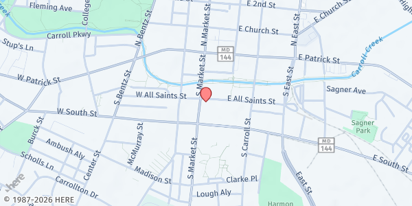 Map showing Community Action Council - Frederick at 100 South Market Street, Downtown, MD