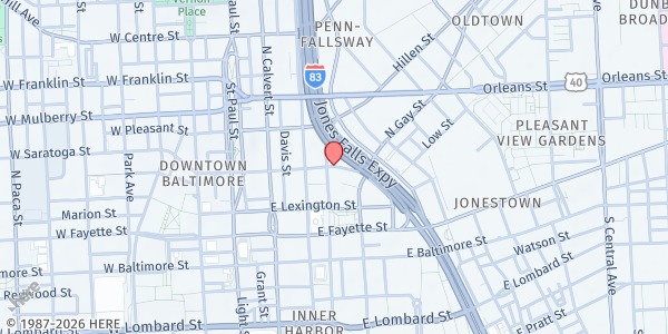 Map showing Jones Falls Giveaway Site at 400 East Saratoga Street, Downtown, MD