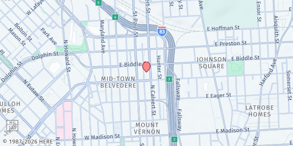 Map showing Salvation Army - Feedmore at 1114 North Calvert Street, Downtown, MD