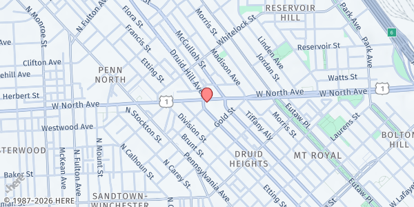 Map showing UMAR Boxing at 1124 West North Avenue, Druid Heights, MD