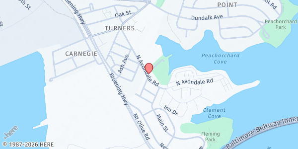 Map showing Friendship Baptist Church at 307-1/2 Avondale Road, Dundalk, MD