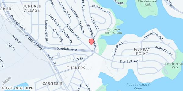 Map showing Water's Edge Baptist Church at 3483 Liberty Parkway, Dundalk, MD