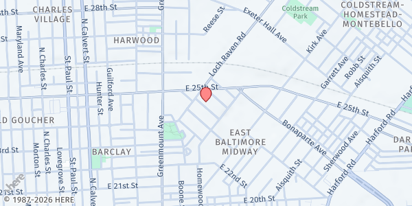 Map showing Donald Bentley Food Pantry at 624 Gutman Avenue, East Baltimore Midway, MD