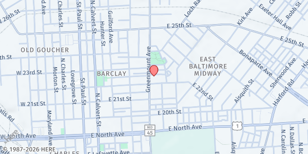 Map showing I CAN - East Baltimore at 2215 Greenmount Avenue, East Baltimore Midway, MD