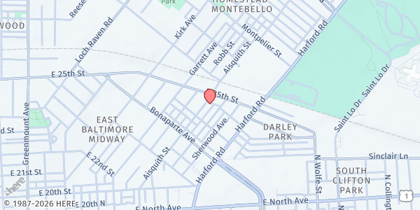 Map showing Mission Life Church at 2409 Aisquith Street, East Baltimore Midway, MD