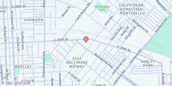 Map showing Spirit of Faith Food Pantry at 721 East 25th Street, East Baltimore Midway, MD