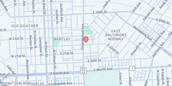 Map showing St. Ann Outreach Ctr. at 528 East 22nd Street, East Baltimore Midway, MD