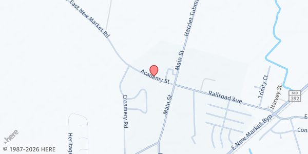 Map showing First Baptist Church-E New Market at 23 Academy St, East New Market, MD