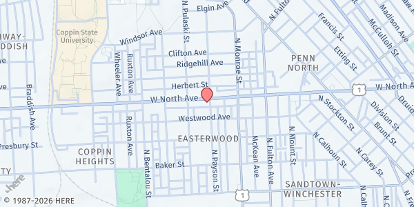 Map showing Christian Memorial Church at 2001 West North Avenue, Easterwood, MD