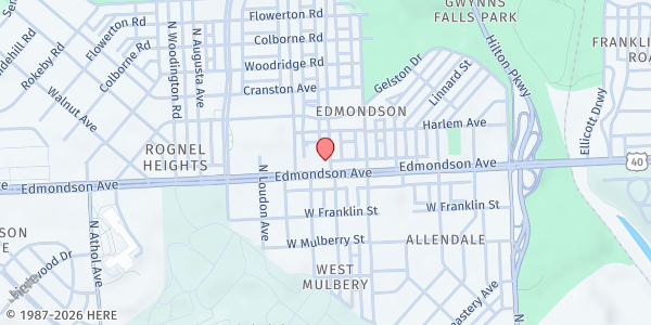 Map showing St. Bernadines's Catholic at 3812 Edmondson Avenue, Edmondson, MD