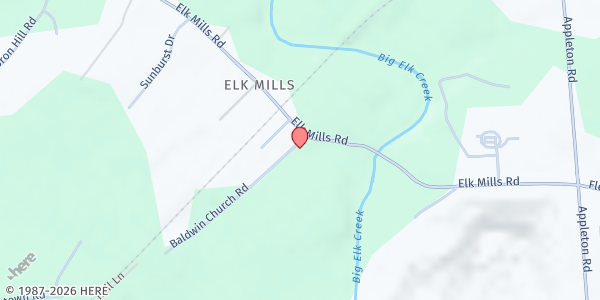 Map showing Baldwin UMC Food Pantry at 756 Elk Mills Road, Elk Mills, MD