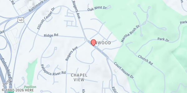 Map showing COVID-19 HoCo Farms Connect at 3430 Court House Drive, Ellicott City, MD