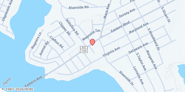 Map showing AfriThrive Baltimore County - Essex Distribution Center at 303 Eastern Boulevard, Essex, MD