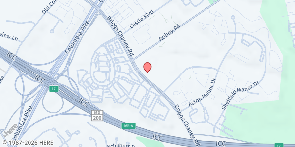 Map showing East County Reg. Services Ctr. at 3300 Briggs Chaney Rd, Fairland, MD