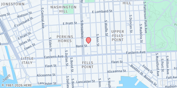 Map showing Assisi House Food Pantry at 1728 Bank Street, Fells Point, MD