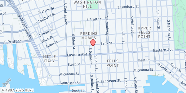 Map showing Beans and Bread at 402 South Bond Street, Fells Point, MD