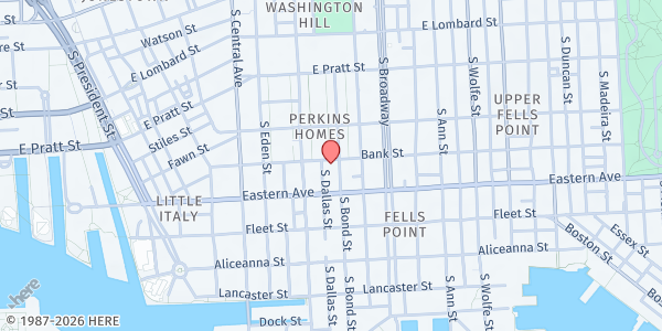 Map showing Beans and Bread Outreach Center at 402 South Bond Street, Fells Point, MD