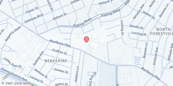 Map showing Mt. Calvary Catholic Church, Ladies of Charity Food Pantry at 6706 Marlboro Pike, Forest Manor, MD