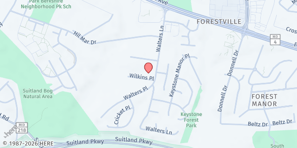 Map showing Harvest Temple at 6608 Wilkins Place, Forestville, MD