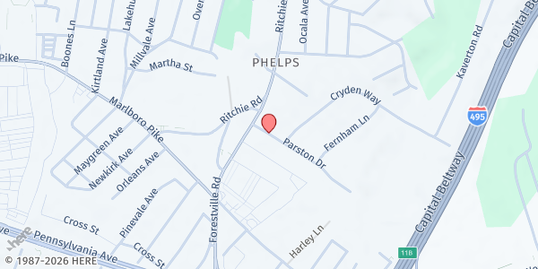 Map showing New Revival Kingdom Church at 7821 Parston Dr., Forestville, MD