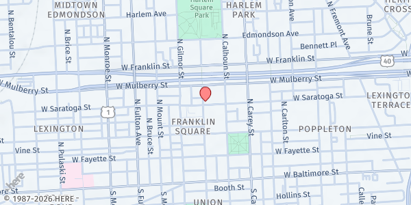 Map showing JB Outreach Ministries at 301 North Stricker Street, Franklin Square, MD