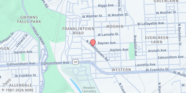 Map showing New Bethel Bible Church at 710 Poplar Grove Street, Franklintown Road, MD