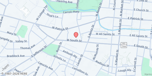 Map showing Frederick Rescue Mission at 419 West South Street, Frederick, MD