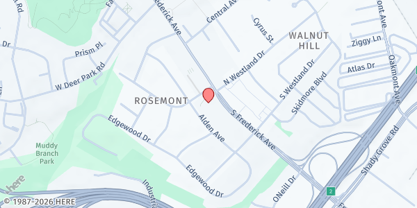 Map showing Epworth United Methodist Church at 9008 Rosemont Drive, Gaithersburg, MD