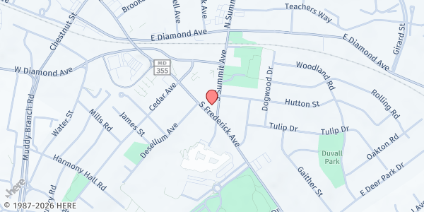 Map showing Gaithersburg Community Soup Kitchen "Lord's Table" at 201 South Frederick Avenue, Gaithersburg, MD