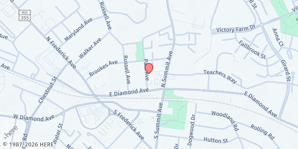 Map showing Montgomery County Muslim Foundation - Gaithersburg at 11 Park Avenue, Gaithersburg, MD