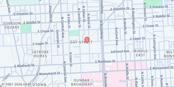 Map showing New Friendship Baptist at 1515 East Eager Street, Gay Street, MD