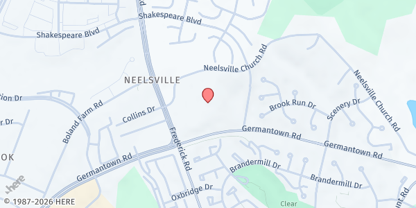Map showing The Upcounty Hub @ Neelsville Middle School at 11700 Neelsville Church Road, Germantown, MD